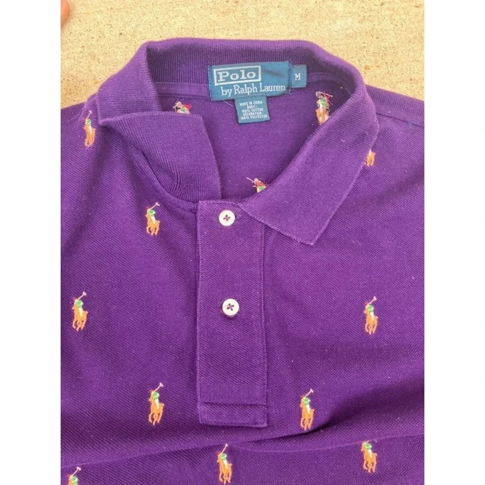 Polo Ralph Lauren Polo Shirt Mens Medium Purple All Over Pony Embroidered Pique